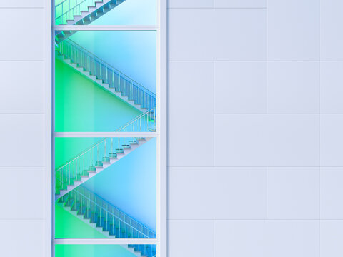 Modern glass facade with illuminated stairs in urban business building