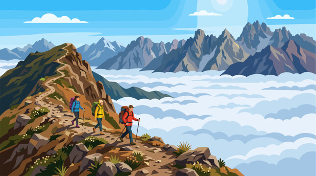 Three hikers with backpacks traverse a winding mountain trail above a sea of clouds, surrounded by majestic rocky peaks under a bright blue sky.