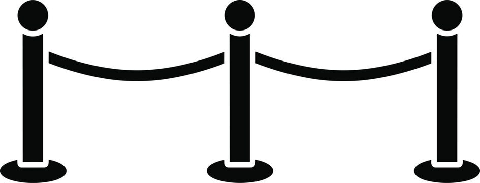 Queue barrier stanchion icon with rope divider, crowd control system, event security post silhouette, minimal black vector illustration design