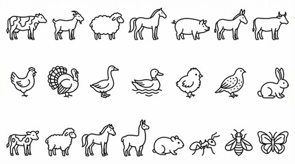 Fototapeta premium Diverse Farm Animals: A comprehensive collection of meticulously illustrated farm animals, showcasing the beauty and diversity of creatures that roam the fields and pastures.