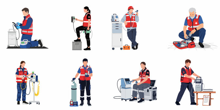 Set of flat vector illustrations featuring paramedics and emergency medical technicians operating professional medical equipment, including defibrillators and oxygen tanks.