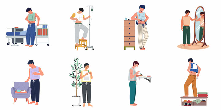Collection of illustrations showing a man's recovery process, self-care, and acceptance of body scars after surgery in different daily life scenarios.