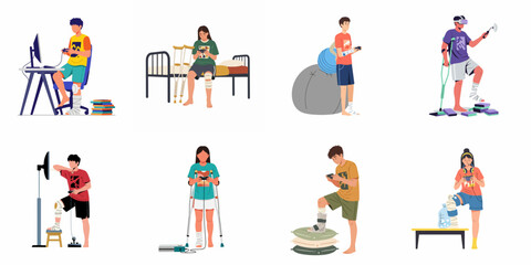 Fototapeta premium Set of young people with various physical injuries playing video games and using gadgets during their recovery and rehabilitation process at home.