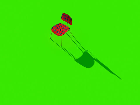 Minimalist 3d rendering of plaid seat chair on green with shadow