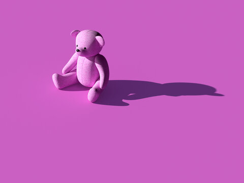 Pink teddy bear toy casting shadow on pink background 3d render
