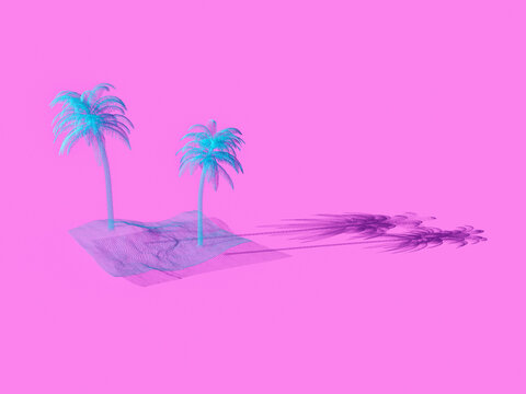 3d rendering of palm trees casting shadow on pink background