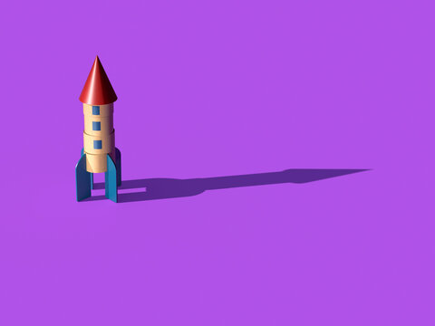 3d rendering of toy rocket with shadow on purple background