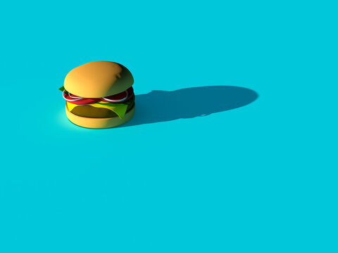 3d rendering of a symbolic burger with strong shadow on blue background