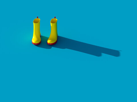Yellow rubber boots casting long shadow on blue background 3D render