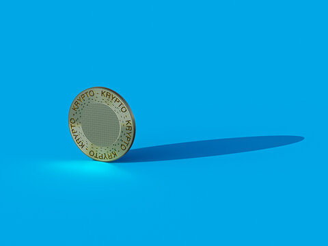 3d rendering of a cryptocurrency coin casting shadow on blue background