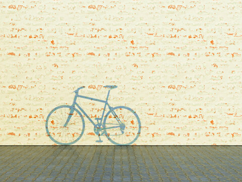 Blue bicycle shadow on brick wall symbolizing mobility and sustainability