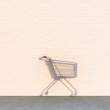 Empty shopping cart shadow against brick wall in 3d rendering