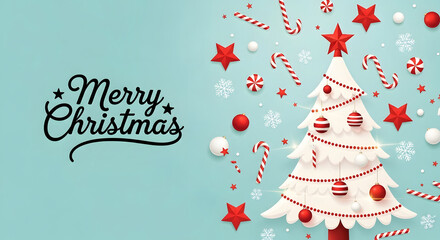 Fototapeta premium Merry christmas tree with red and white decorations