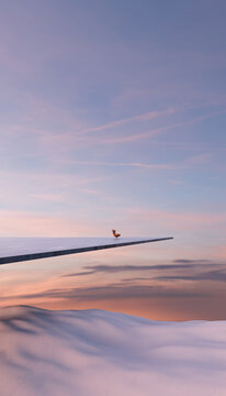 Digital render of an armchair on wing above clouds at sunset