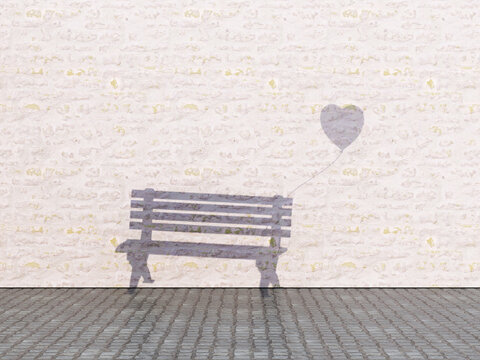 Shadow of bench with heart-shaped balloon on brick wall symbolizes love
