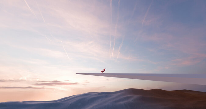Digital art of armchair on edge overlooking serene sky and mountains
