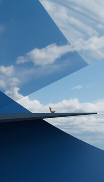 Minimal armchair on platform against sky in digital art rendering