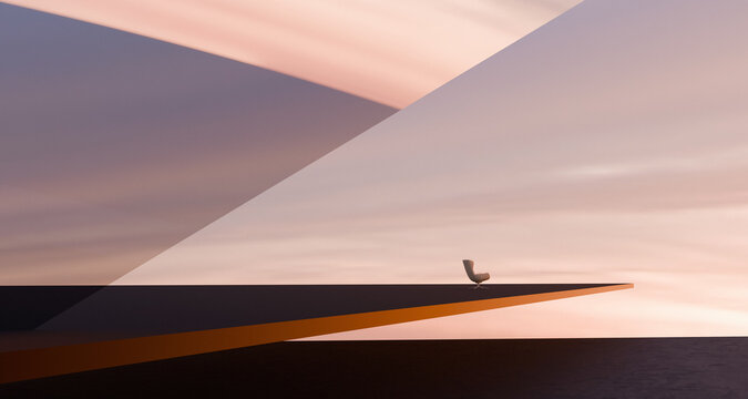 Minimalist digital render of armchair on abstract geometric structure at sunset