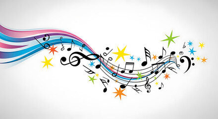 Obraz premium Colorful musical notes and stars on a wavy rainbow path