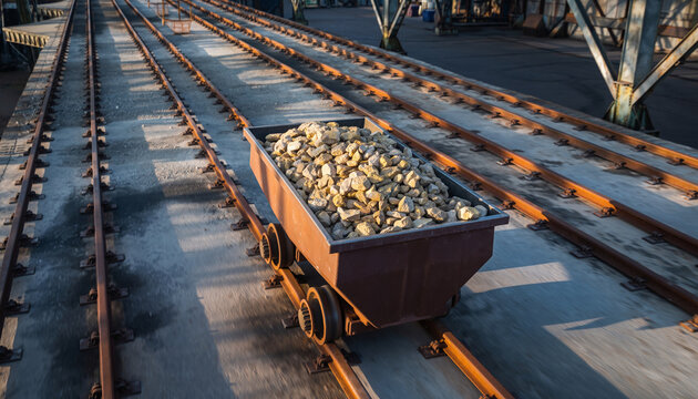 A freight train car filled with rocks on railway tracks.
