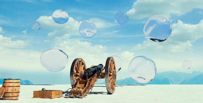 Cannon shooting soap bubbles with symbolic excessive force outdoors