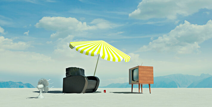 Retro television and armchair under umbrella in symbolic desert 3D scene