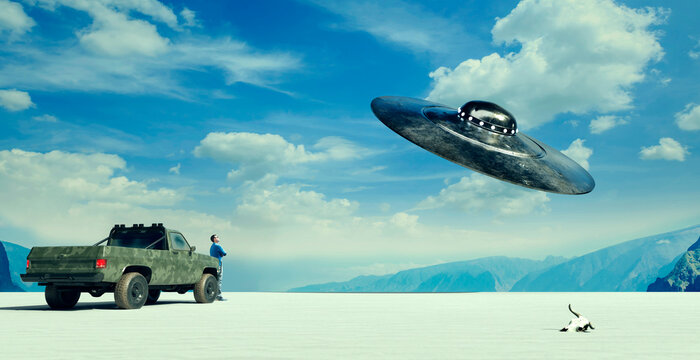 UFO encounter in desert with pickup truck dog and vast landscape