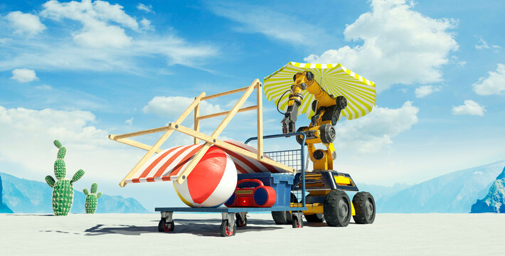 3d robot transporting holiday gear with sun umbrella in desert landscape