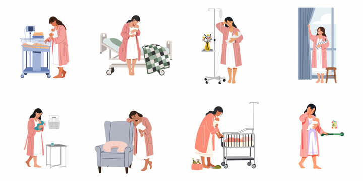 Illustrations of a mother experiencing postpartum depression and exhaustion while caring for her newborn baby in various hospital settings.
