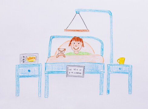 Naive illustration of child in hospital bed with teddy bear