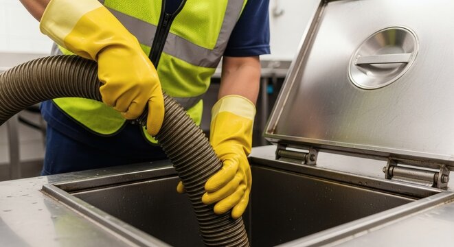 Worker in yellow protective gloves and high-visibility vest cleaning an industrial drain with a heavy-duty hose.