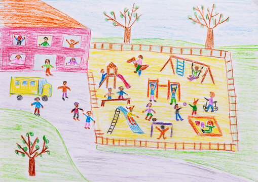 Children playing on a colorful playground next to a school building