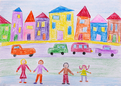 Naive illustration of family with cars and high rises in cityscape
