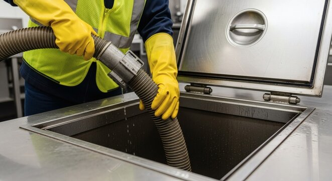 Person in yellow gloves cleaning a commercial kitchen grease trap using an industrial vacuum hose.