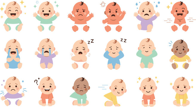 Baby Emotions Collection Vector Set with Happy Sad Crying Sleeping Angry and Calm Infant Expressions for Character Illustration and Childcare Design.