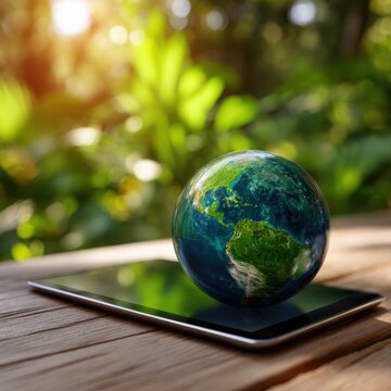 Earth globe on tablet on wooden table with sunlit forest background vibrant green planet concept for global conservation and eco technology