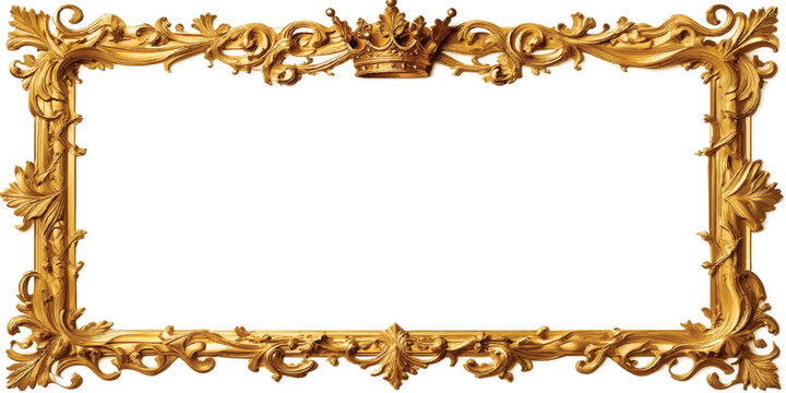 An ornate vintage golden picture frame with an antique baroque design featuring a blank carved wood border isolated on a white background for retro art decoration