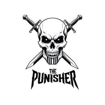 Skull and two crossed swords vector illustration, the punisher text on white background