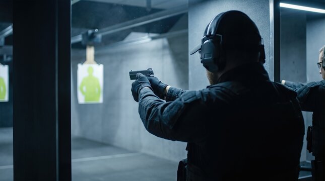 Male shooter in tactical gear practices aiming at a target in a shooting range, wearing protective headphones and gloves, with concrete walls and lighting visible