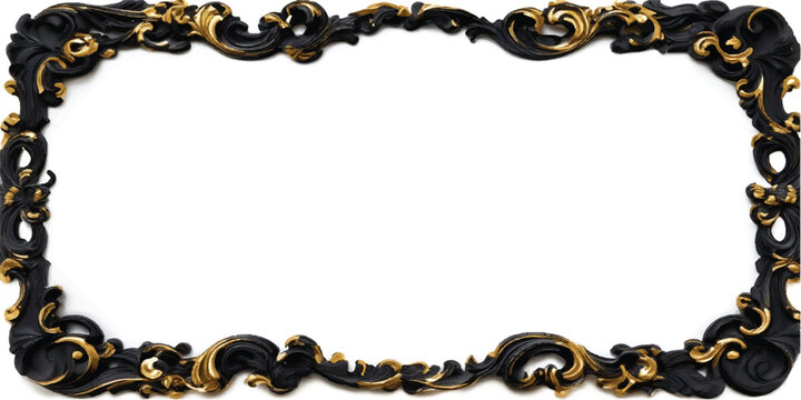 Ornate vintage golden floral frame with antique baroque scrolls and decorative wedding ornaments isolated on a black background as a blank vector design element