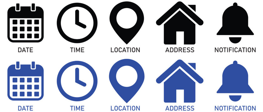 Daet, Time, Location, Address And Notification icon set. Blue and black icons. Contact icons vector. Det, time, location, address icons for communication. Vector illustration. 