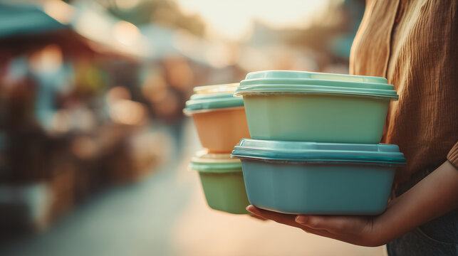 Woman bringing reusable containers to local market, soft light, empty side space, eco shopping, zero waste, sustainable lifestyle, copy space