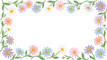 Obraz premium A charming floral border frame adorned with a variety of colorful daisies in pastel shades of pink, purple, blue, and white, set against a clean white background.