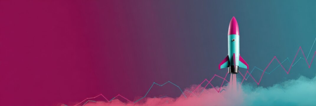 A turquoise and purple rocket rising through a smoky cloud layer, with subtle zig-zagging market lines against a panoramic gradient background depicting a long-term growth trajectory
