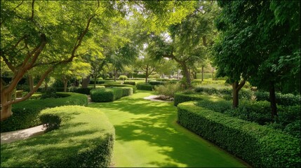 Naklejka premium Lush green formal garden with manicured hedges and tall trees. Landscape design with trimmed shrubs and grassy lawn. Peaceful public park or backyard oasis for summer relaxation.