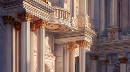 Obraz premium Ancient classic architecture with marble columns and golden ornament. Majestic palace facade in sunset light. Grand building exterior representing history, luxury, and royal design style.
