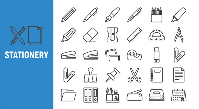 Collection of outlined stationery items arranged on a white background