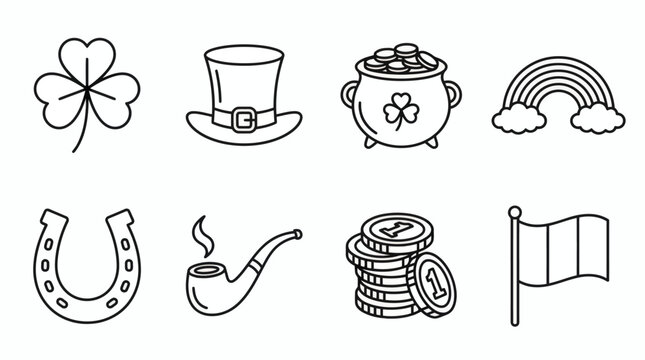 Collection of St. Patrick's Day and Irish culture line art icons including shamrock, leprechaun hat, pot of gold, rainbow, horseshoe, pipe, coins, and flag.