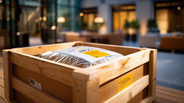 Export packing specialist crating fragile items with custom foam inserts, international shipping symbols being stenciled on wooden box, moisture barrier protection for ocean transport, ideal for spe