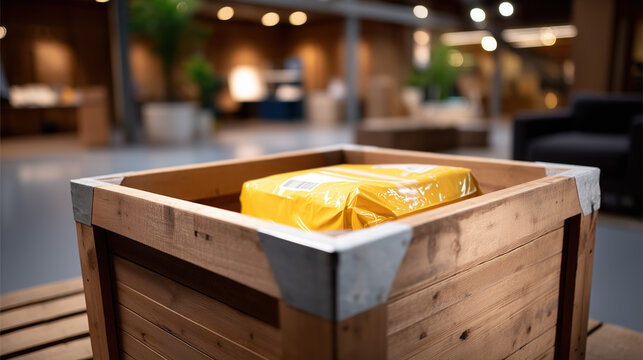 Export packing specialist crating fragile items with custom foam inserts, international shipping symbols being stenciled on wooden box, moisture barrier protection for ocean transport, ideal for spe